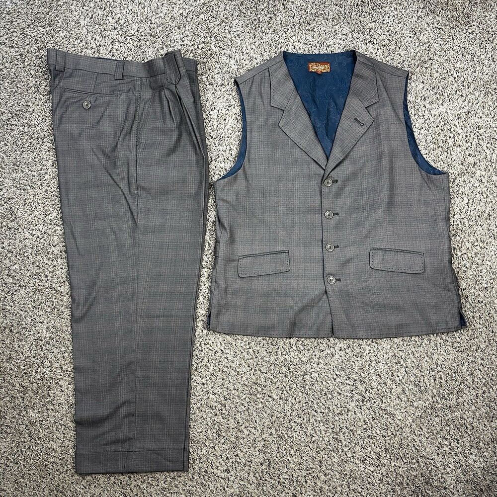 Vicci Uomo 2 Piece Men's Grey Plaid Paisley Vest and Pants Set Sz L / 38